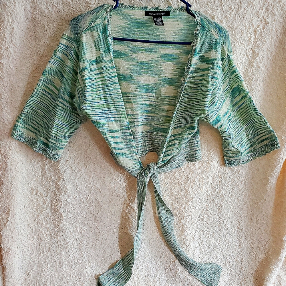 52 weekends green blue white & metallic front tie cardigan